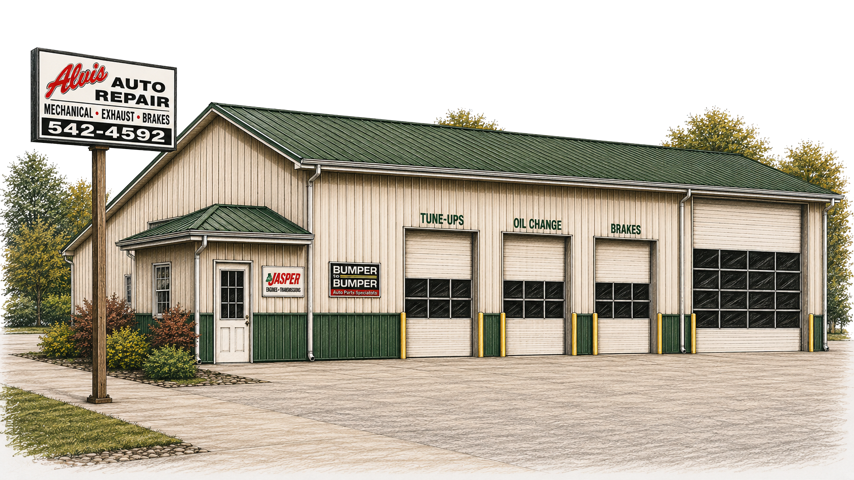 Alvis Auto Repair's pole-barn shop building in Du Quoin, Illinois, with three service bays marked tune-ups, oil change, and brakes